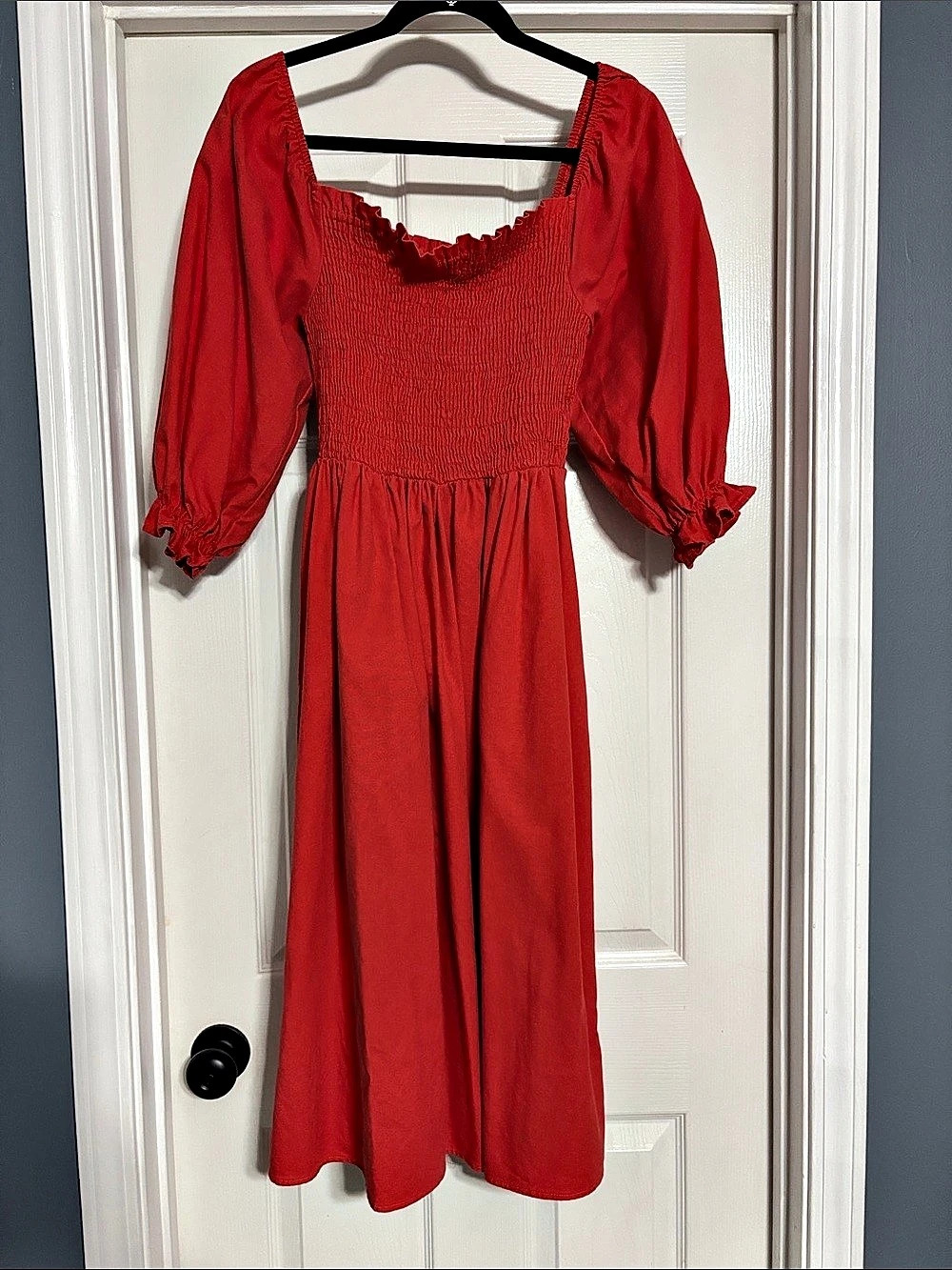 She + Sky Smocked Midi Dress in Burnt Orange
